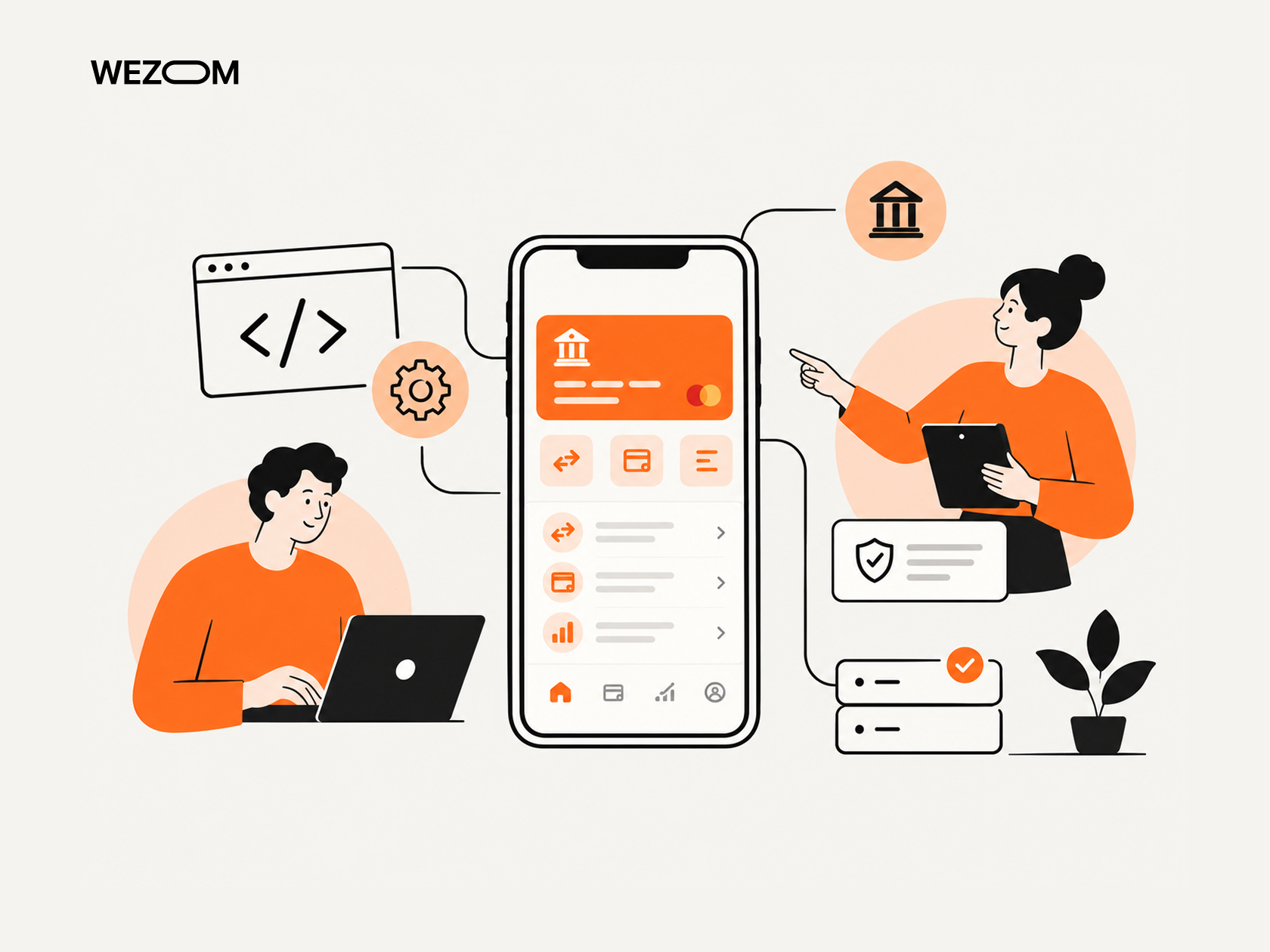 Banking application development with mobile banking interface, software coding, payment features, and security integration